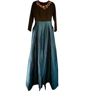 Sachin & Babi Victoria Gown Teal Black Gold Crystal Embellished Formal $1095